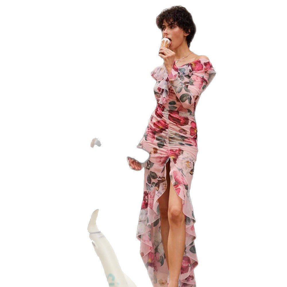 Women's Floral Chiffon Maxi Dress with Asymmetrical Ruffled Shoulder, Gathered Bodice & High Front Slit Chichicherry - Chichicherry