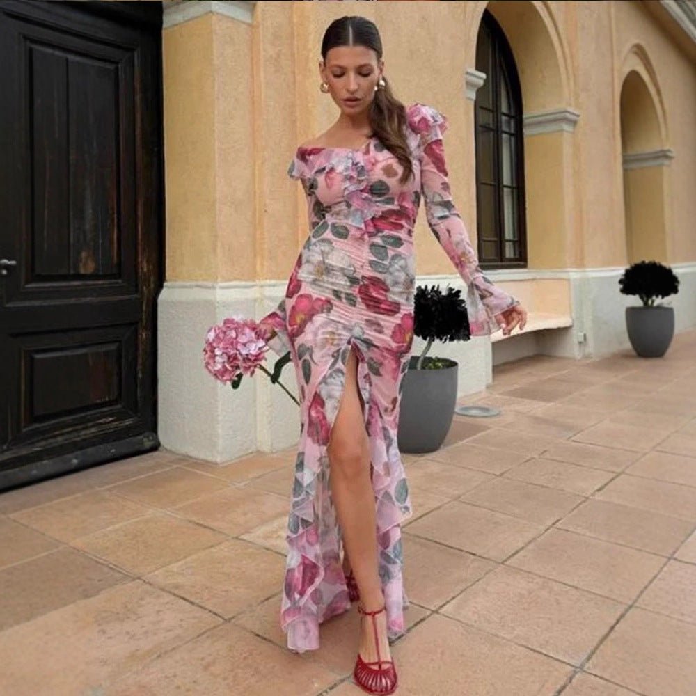 Women's Floral Chiffon Maxi Dress with Asymmetrical Ruffled Shoulder, Gathered Bodice & High Front Slit Chichicherry - Chichicherry