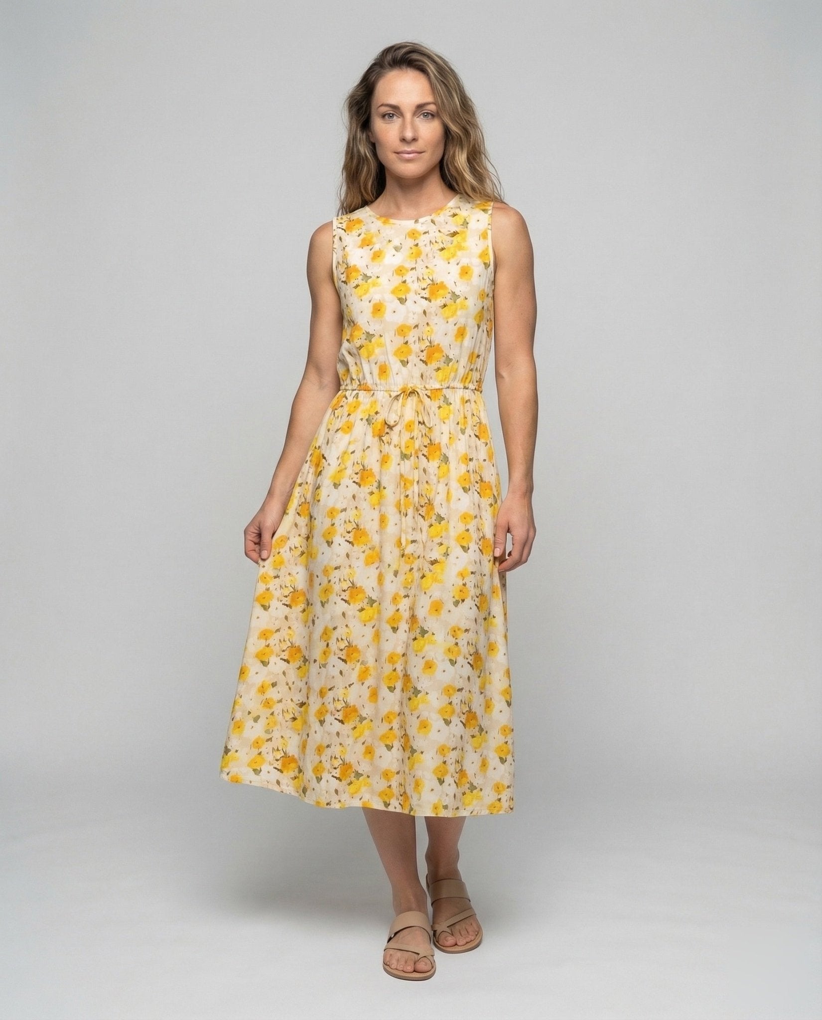 Women’s Floral Midi Dress with Drawstring Waist - Chichicherry