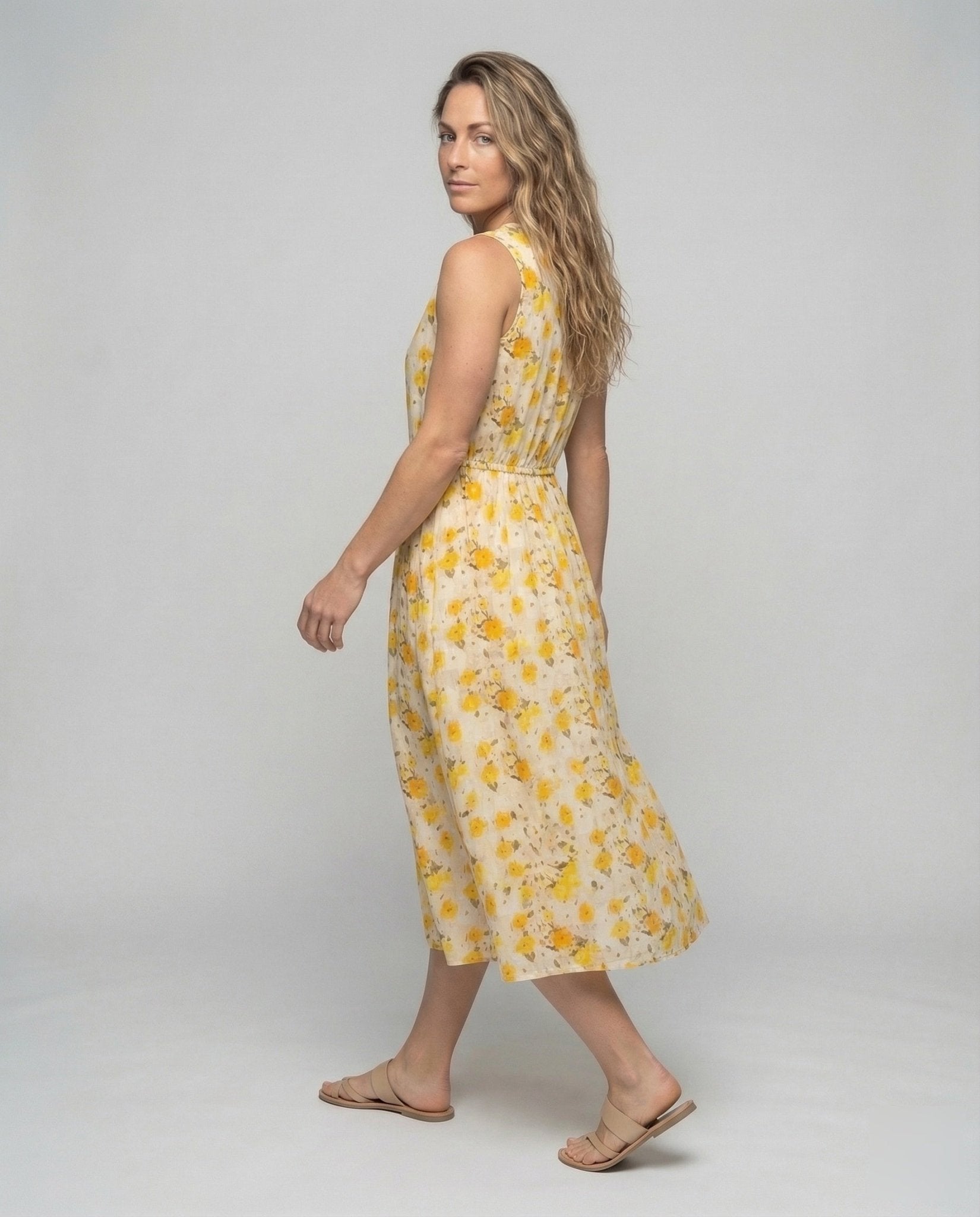 Women’s Floral Midi Dress with Drawstring Waist - Chichicherry