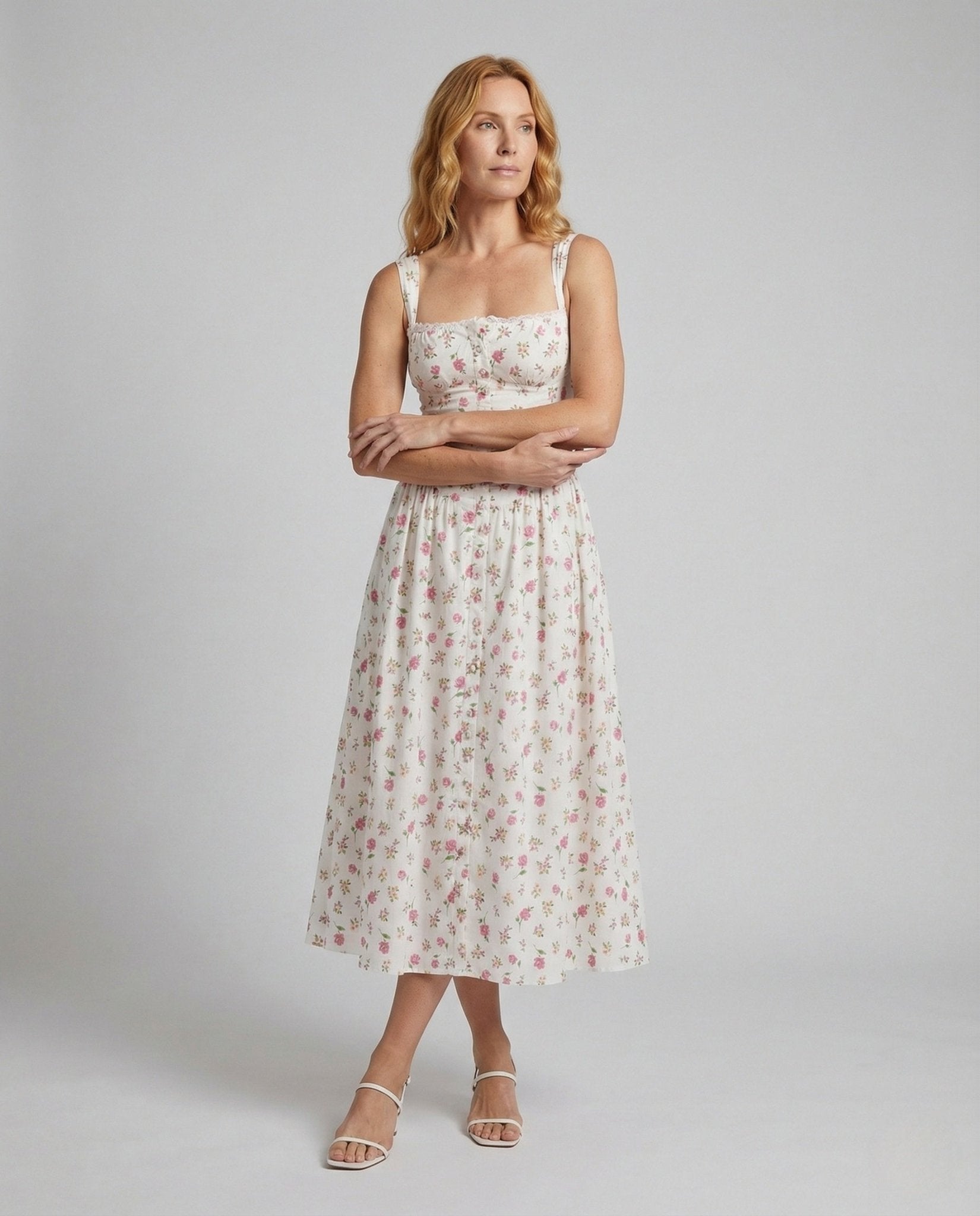 Women's Floral Midi Dress with Empire Waist - Chichicherry