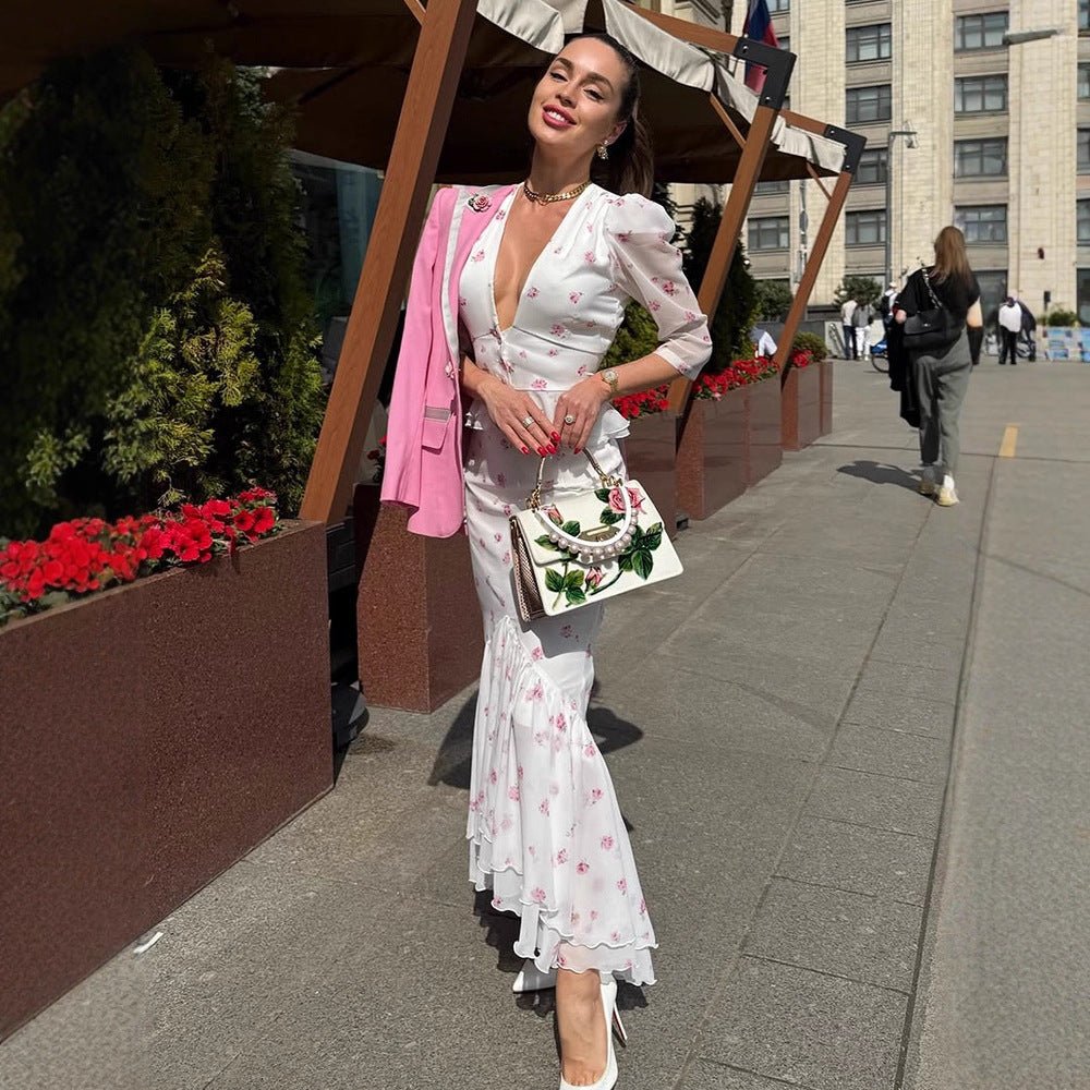 Women's Floral Satin Midi Dress with Deep V-Neck, Puff Sleeves, and Tailored Gathering Chichicherry - Chichicherry