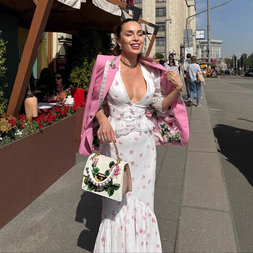Women's Floral Satin Midi Dress with Deep V-Neck, Puff Sleeves, and Tailored Gathering Chichicherry - Chichicherry