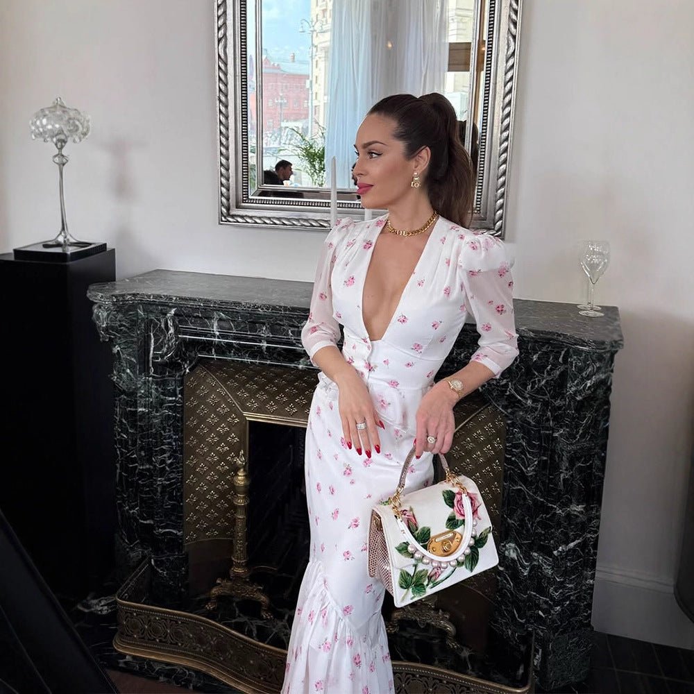 Women's Floral Satin Midi Dress with Deep V-Neck, Puff Sleeves, and Tailored Gathering Chichicherry - Chichicherry