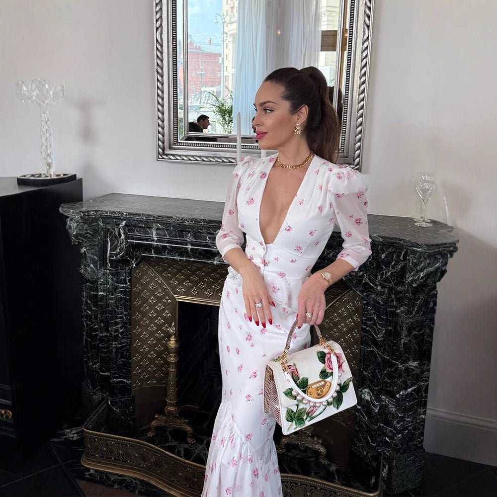 Women's Floral Satin Midi Dress with Deep V-Neck, Puff Sleeves, and Tailored Gathering Chichicherry - Chichicherry