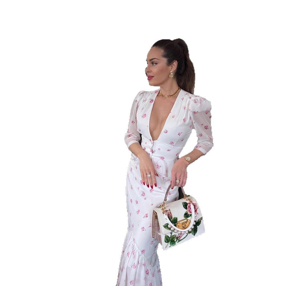Women's Floral Satin Midi Dress with Deep V-Neck, Puff Sleeves, and Tailored Gathering Chichicherry - Chichicherry