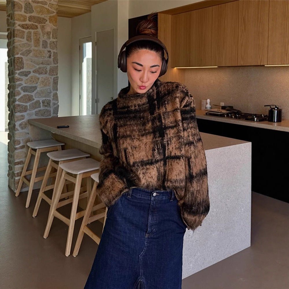 Women's Fluffy Pullover in Vintage Check with High Collar and Frayed Hem Chichicherry - Chichicherry