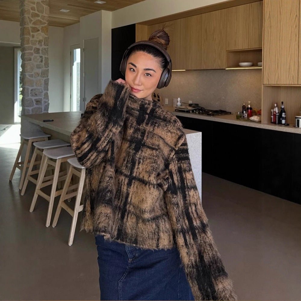 Women's Fluffy Pullover in Vintage Check with High Collar and Frayed Hem Chichicherry - Chichicherry