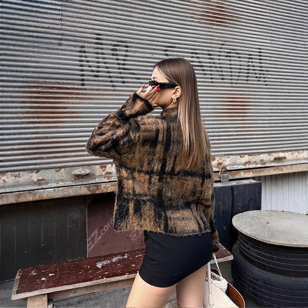 Women's Fluffy Pullover in Vintage Check with High Collar and Frayed Hem Chichicherry - Chichicherry