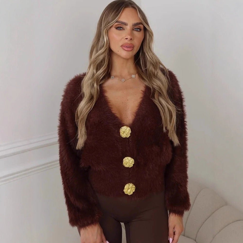 Women's Fluffy Short Jacket with V-Neck and Metallic Decorative Buttons Chichicherry - Chichicherry