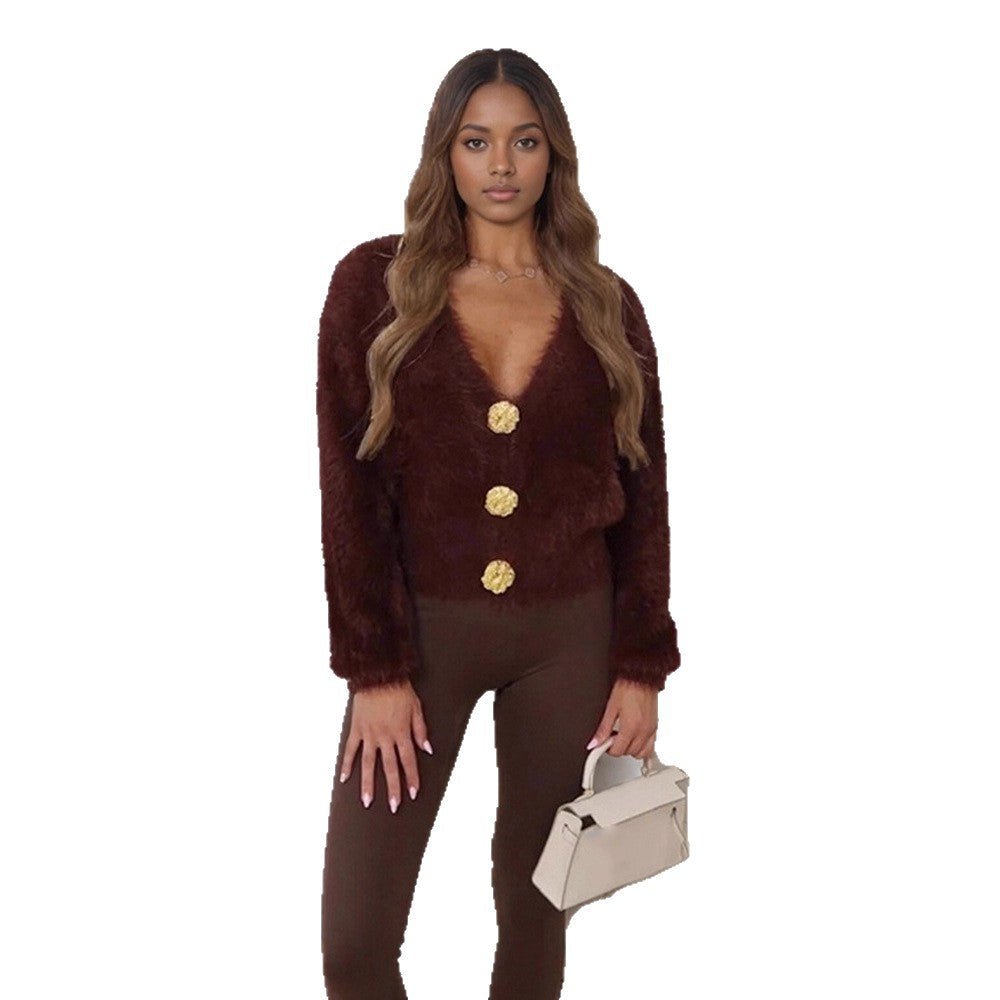 Women's Fluffy Short Jacket with V-Neck and Metallic Decorative Buttons Chichicherry - Chichicherry