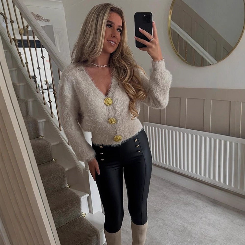 Women's Fluffy Short Jacket with V-Neck and Metallic Decorative Buttons Chichicherry - Chichicherry