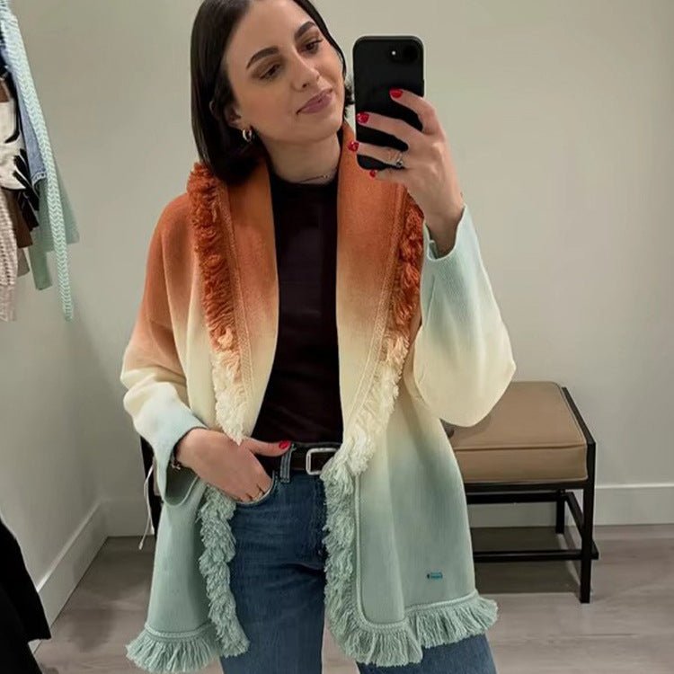 Women's Gradient Knit Cardigan with Fringes and Shawl Collar Chichicherry - Chichicherry