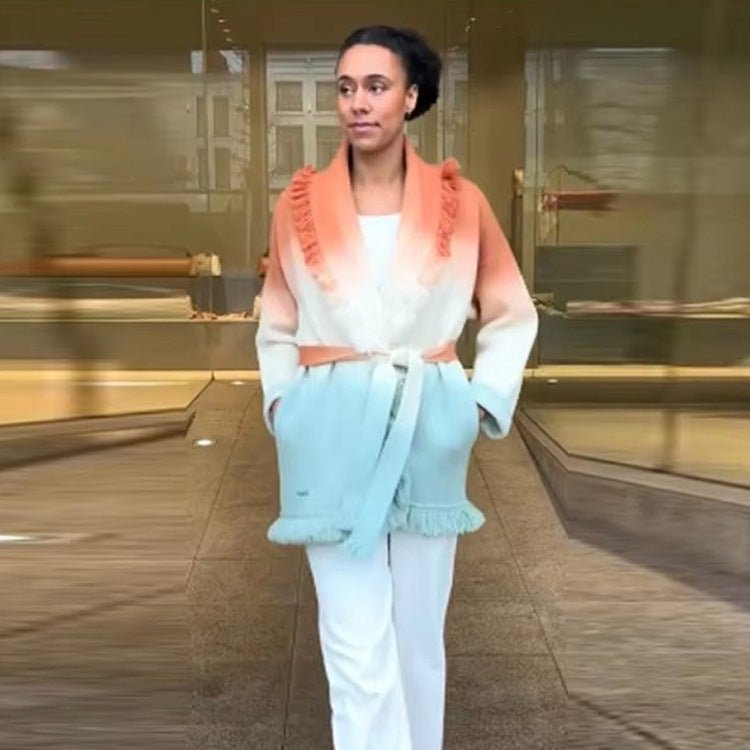 Women's Gradient Knit Cardigan with Fringes and Shawl Collar Chichicherry - Chichicherry