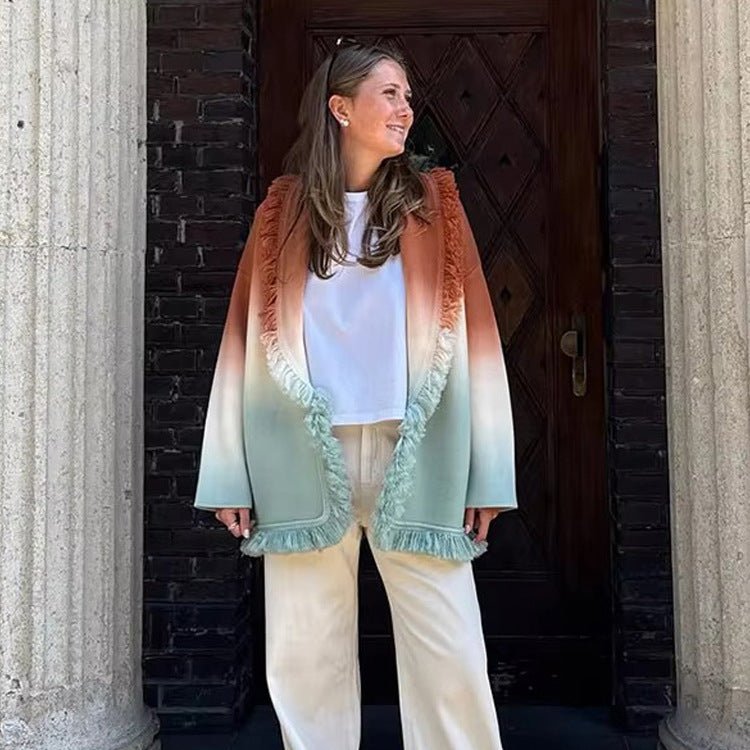 Women's Gradient Knit Cardigan with Fringes and Shawl Collar Chichicherry - Chichicherry