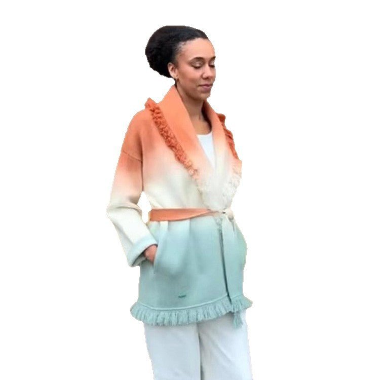 Women's Gradient Knit Cardigan with Fringes and Shawl Collar Chichicherry - Chichicherry