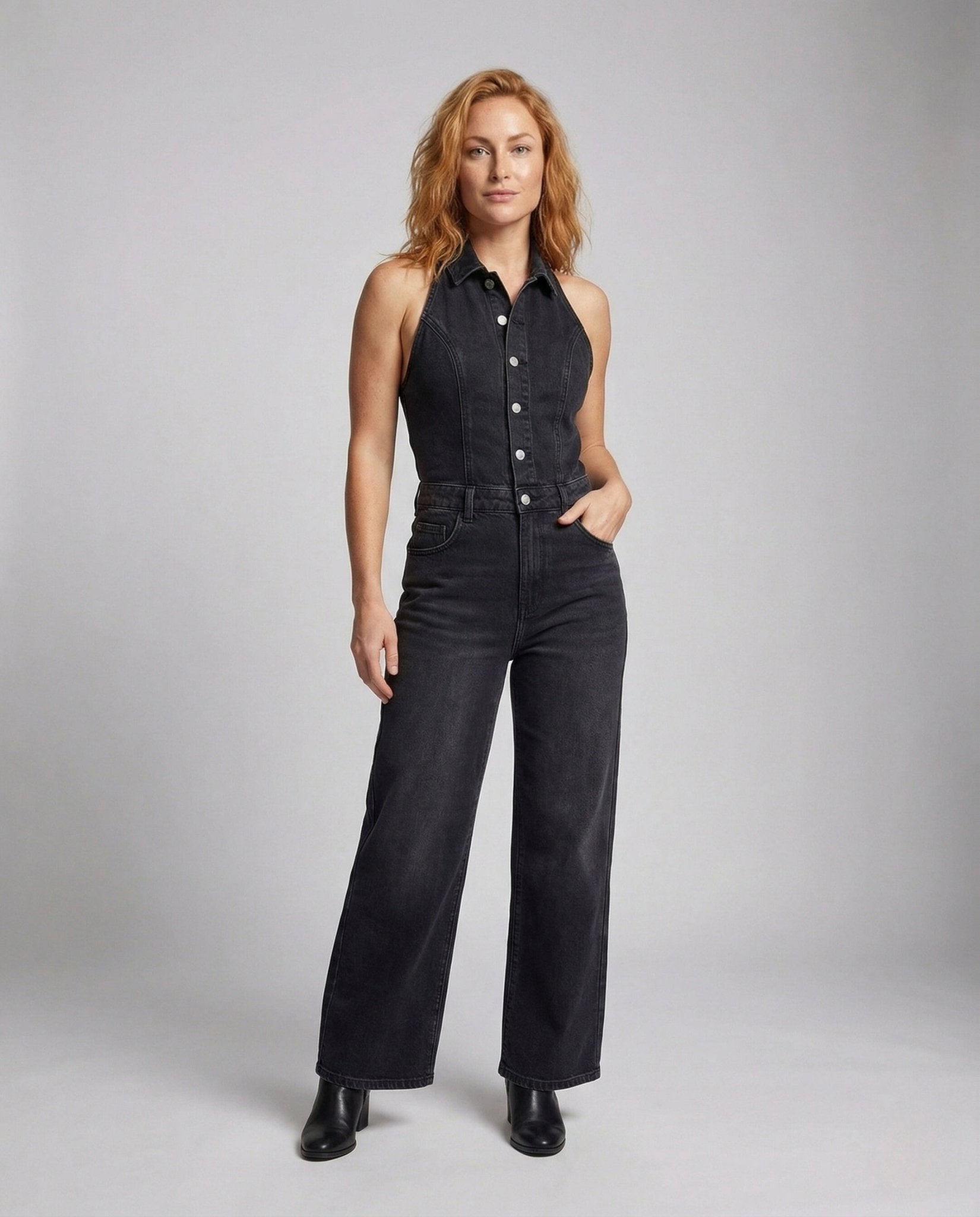 Women’s Halter Jeans Overall Tailored with Wide Leg - Chichicherry