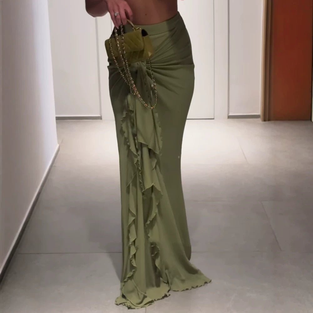Women's High-Waisted Maxi Skirt with Asymmetrical Gathering, Knot Detail, and Ruffle Slit Chichicherry - Chichicherry