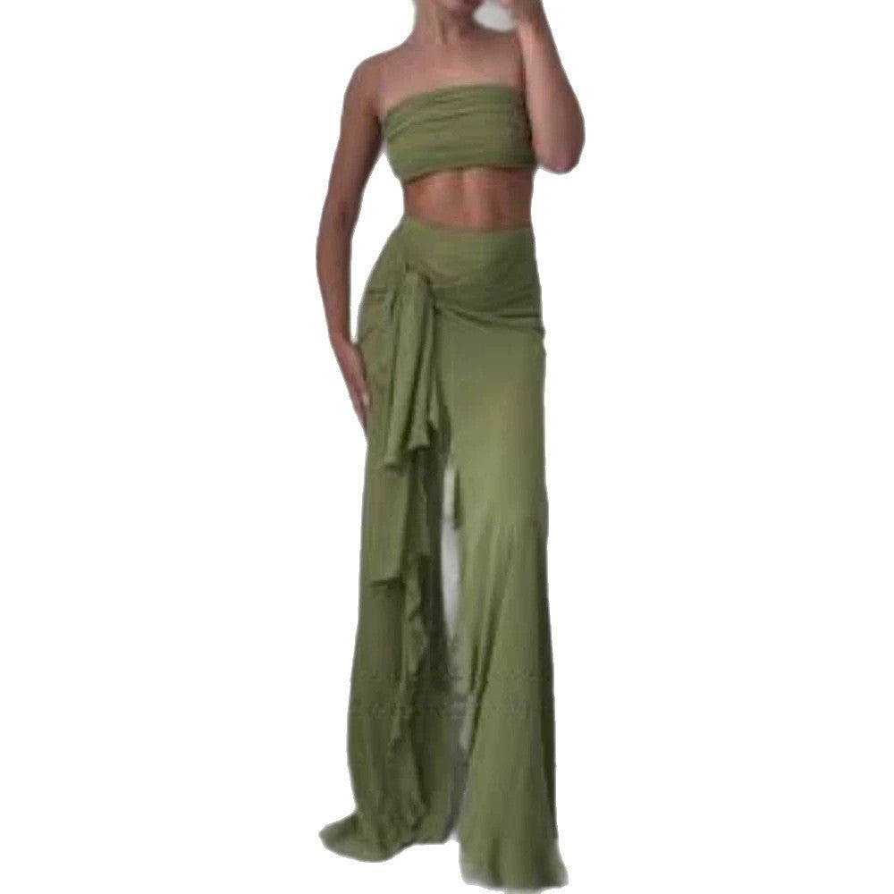 Women's High-Waisted Maxi Skirt with Asymmetrical Gathering, Knot Detail, and Ruffle Slit Chichicherry - Chichicherry