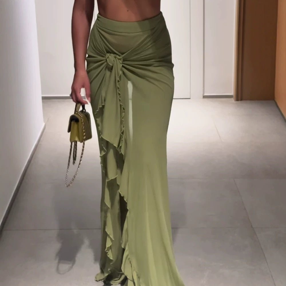 Women's High-Waisted Maxi Skirt with Asymmetrical Gathering, Knot Detail, and Ruffle Slit Chichicherry - Chichicherry