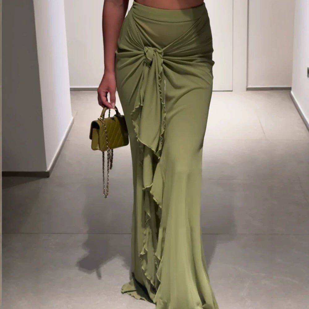 Women's High-Waisted Maxi Skirt with Asymmetrical Gathering, Knot Detail, and Ruffle Slit Chichicherry - Chichicherry