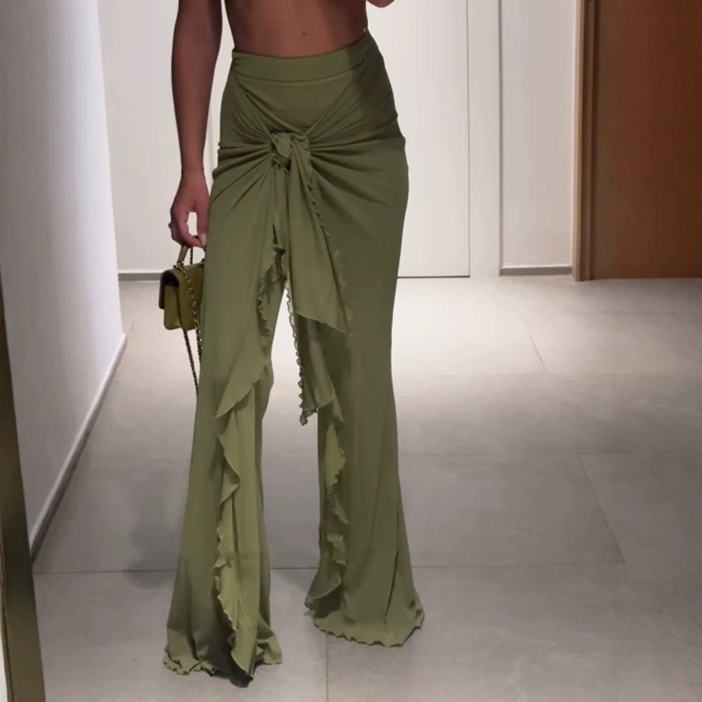 Women's High-Waisted Maxi Skirt with Asymmetrical Gathering, Knot Detail, and Ruffle Slit Chichicherry - Chichicherry