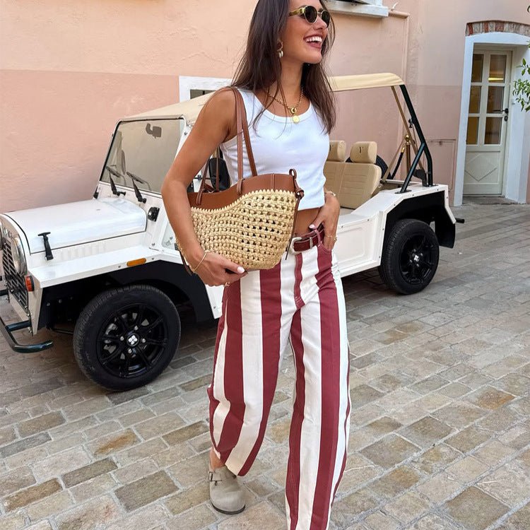 Women's High-Waisted Striped Linen Look Wide-Leg Casual Pants with Belt Loops Chichicherry - Chichicherry