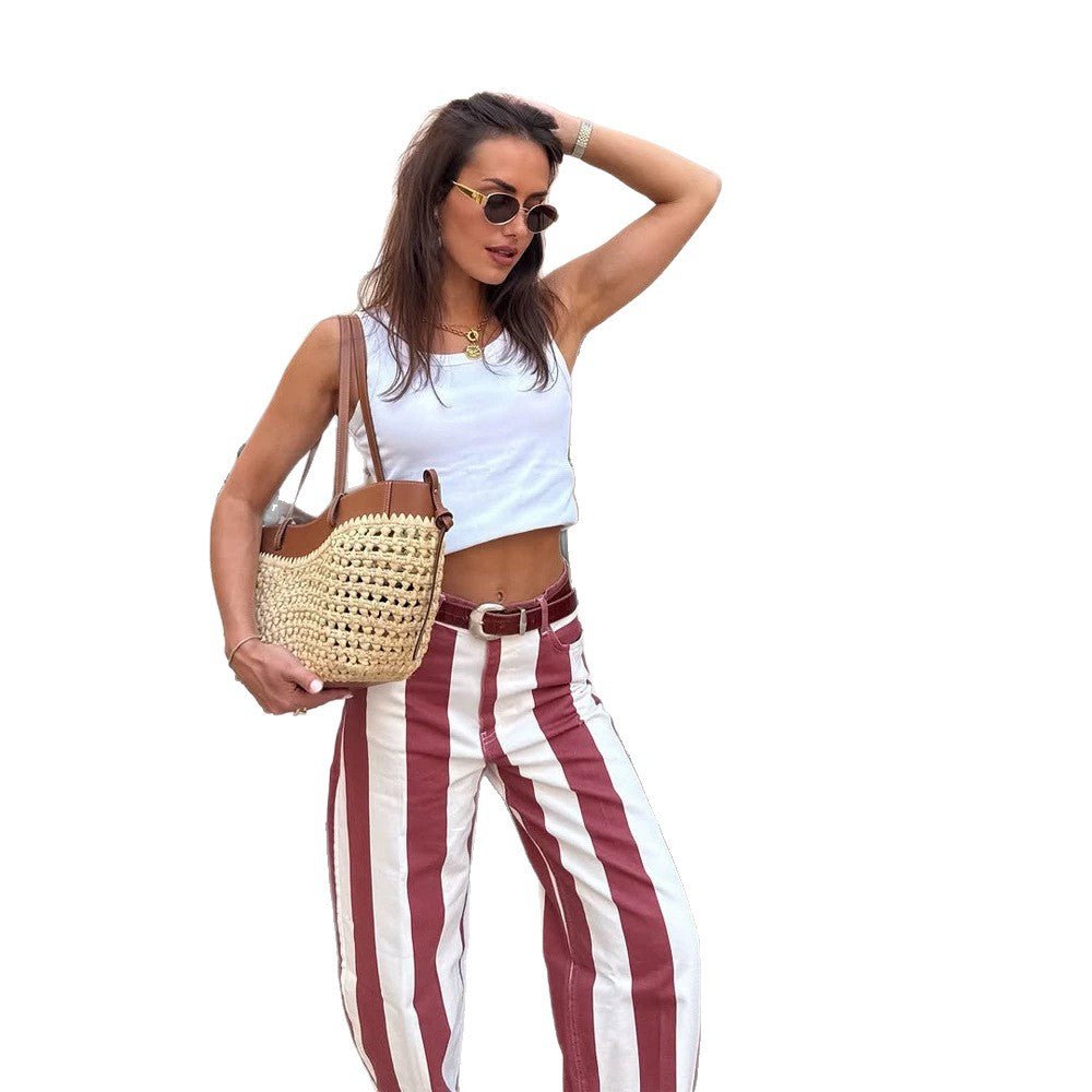 Women's High-Waisted Striped Linen Look Wide-Leg Casual Pants with Belt Loops Chichicherry - Chichicherry