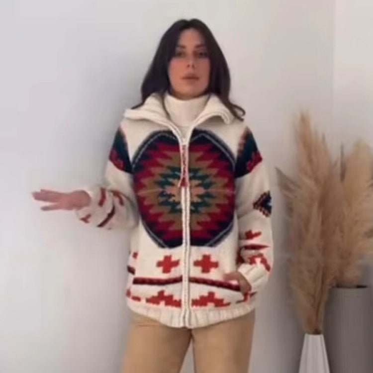 Women's Jacquard Cardigan with Navajo Pattern, Zipper and High Collar Chichicherry - Chichicherry