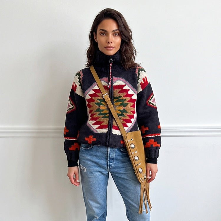 Women's Jacquard Cardigan with Navajo Pattern, Zipper and High Collar Chichicherry - Chichicherry