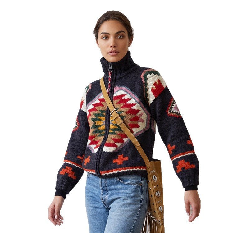 Women's Jacquard Cardigan with Navajo Pattern, Zipper and High Collar Chichicherry - Chichicherry