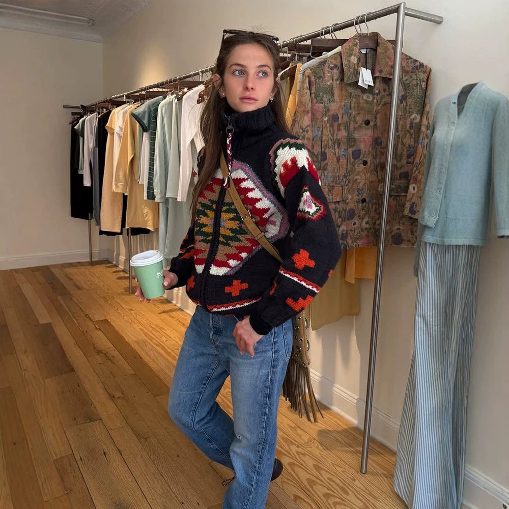 Women's Jacquard Cardigan with Navajo Pattern, Zipper and High Collar Chichicherry - Chichicherry