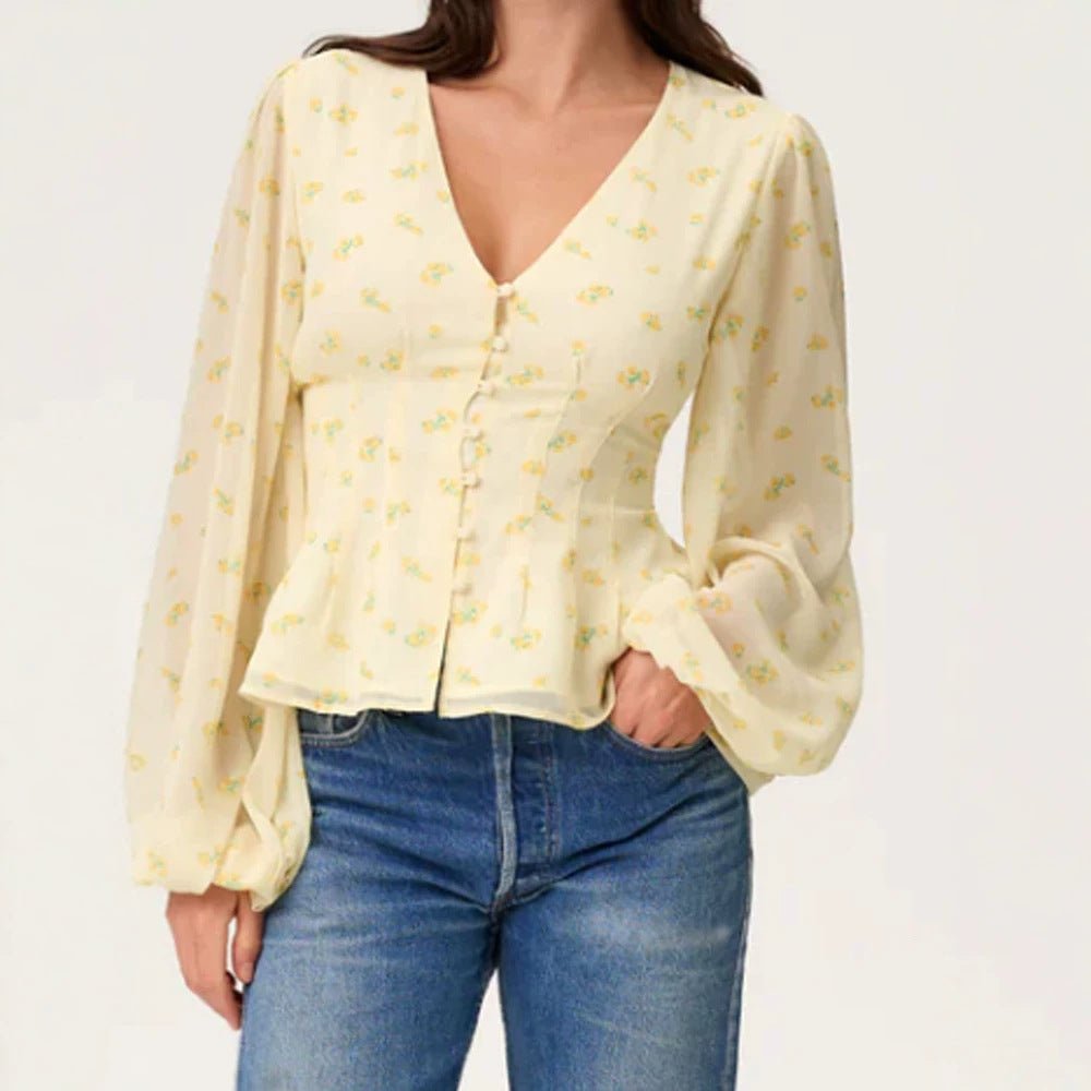 Women's jacquard lace blouse with fitted peplum and balloon sleeves Chichicherry - Chichicherry
