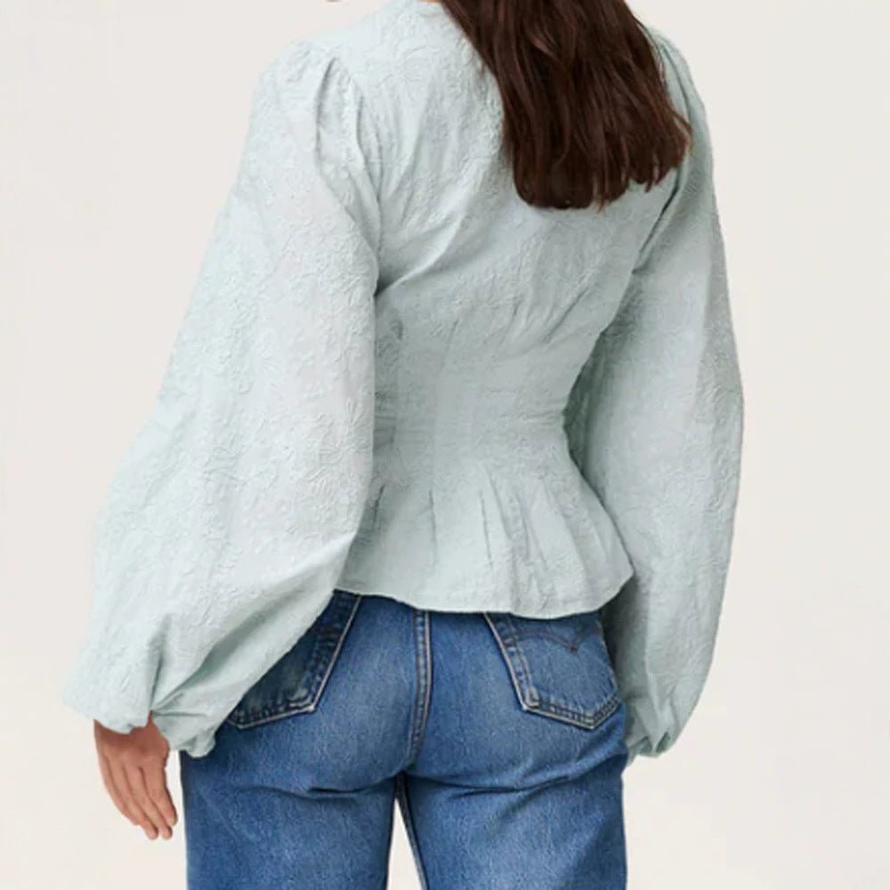 Women's jacquard lace blouse with fitted peplum and balloon sleeves Chichicherry - Chichicherry