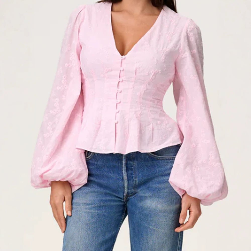 Women's jacquard lace blouse with fitted peplum and balloon sleeves Chichicherry - Chichicherry