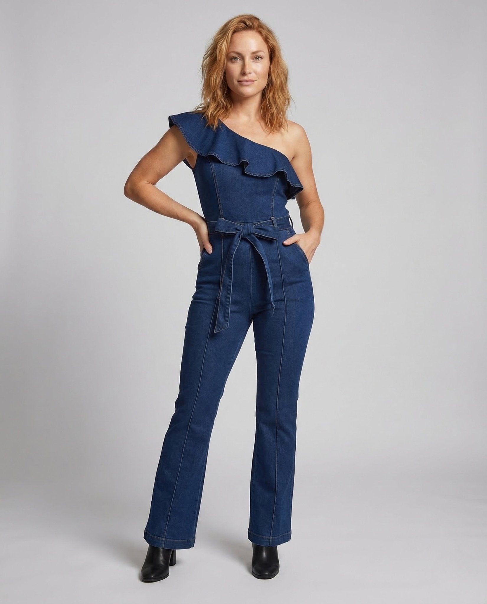 Women's Jeans Jumpsuit Ruffle Neckline Flare - Chichicherry