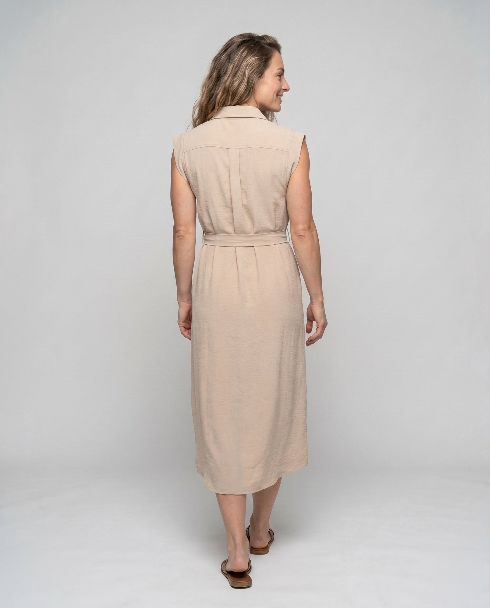 Women's knee-length shirt dress with fitted belt and skin-friendly material - Chichicherry