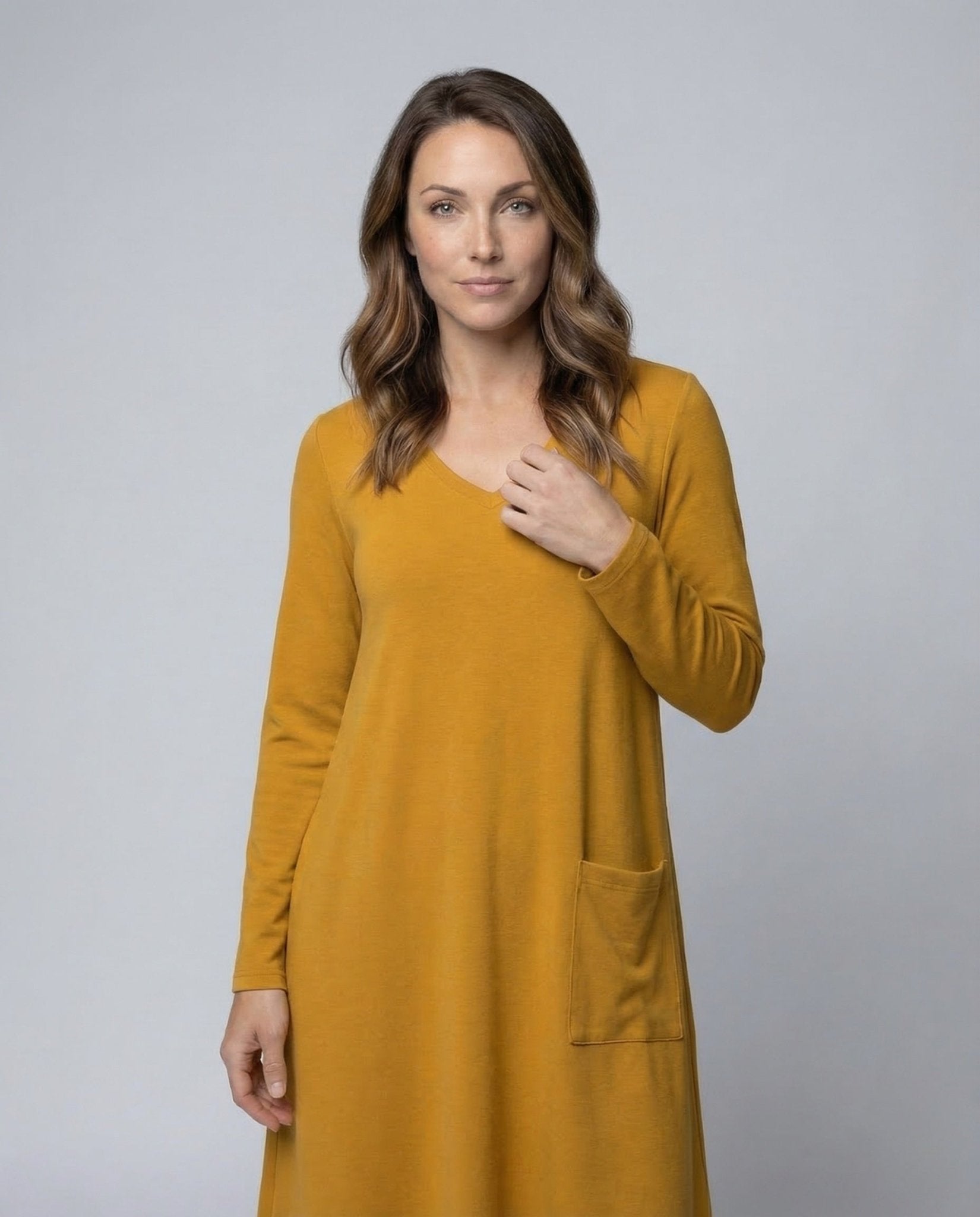 Women’s Knit Dress A - Line Long Sleeve Pockets - Chichicherry
