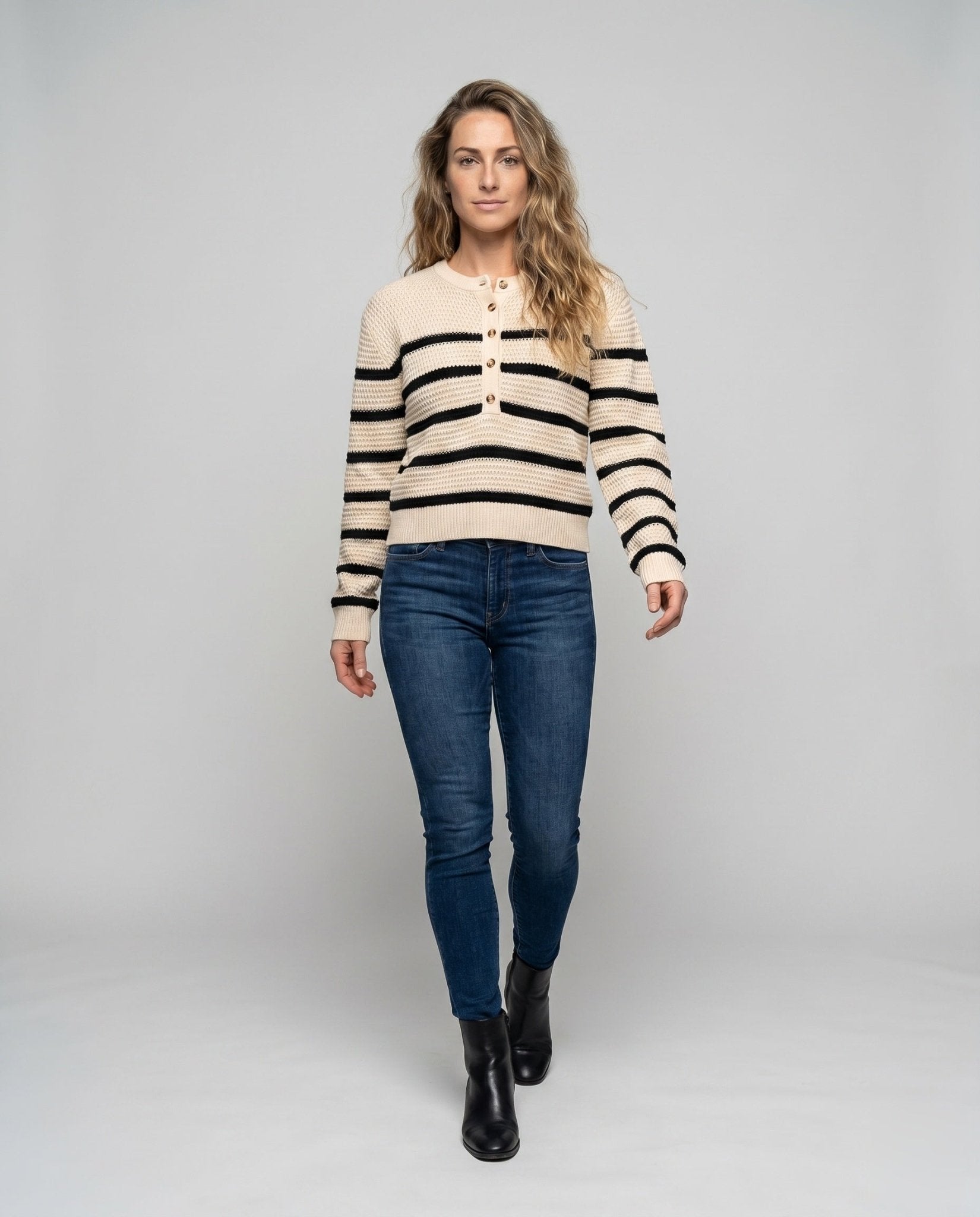 Women's knitted sweater with button placket and striped pattern - Chichicherry