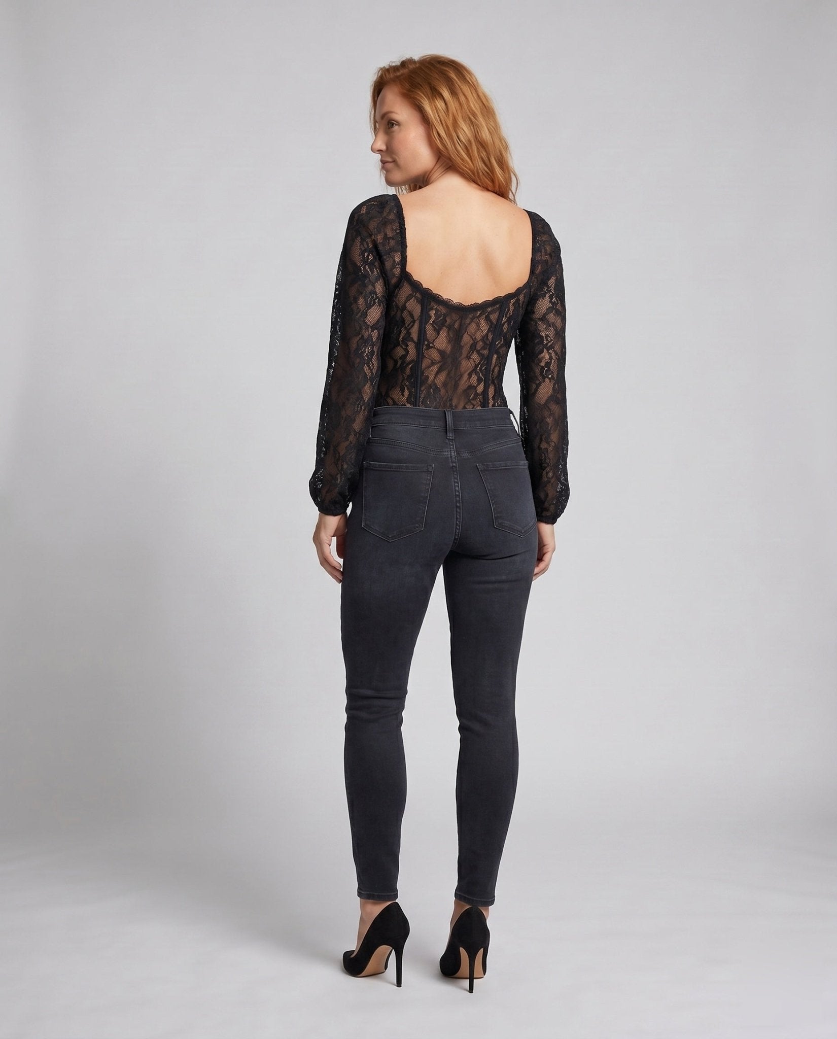 Women's Lace Bodysuit with Elegant Puff Sleeve and Deep Neckline - Chichicherry