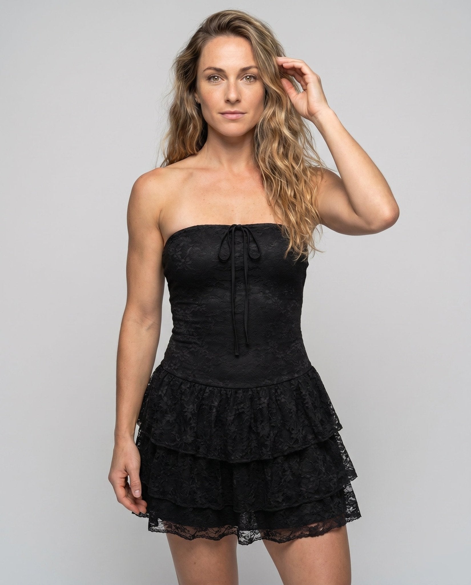 Women’s lace mini dress with seductive ruffle cut and off-shoulder design - Chichicherry