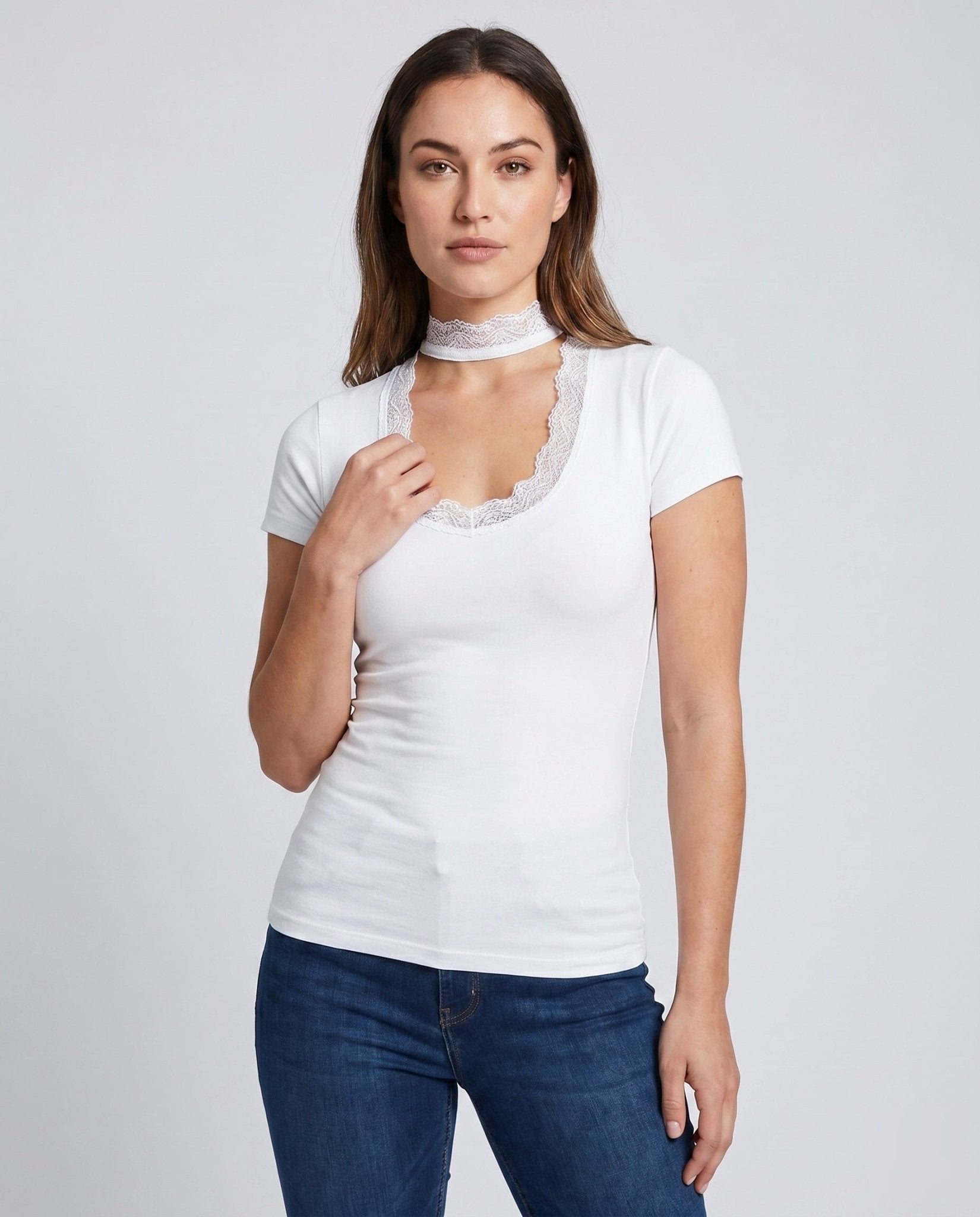 Women's Lace Neckline Short Sleeve Shirt with Choker - Chichicherry