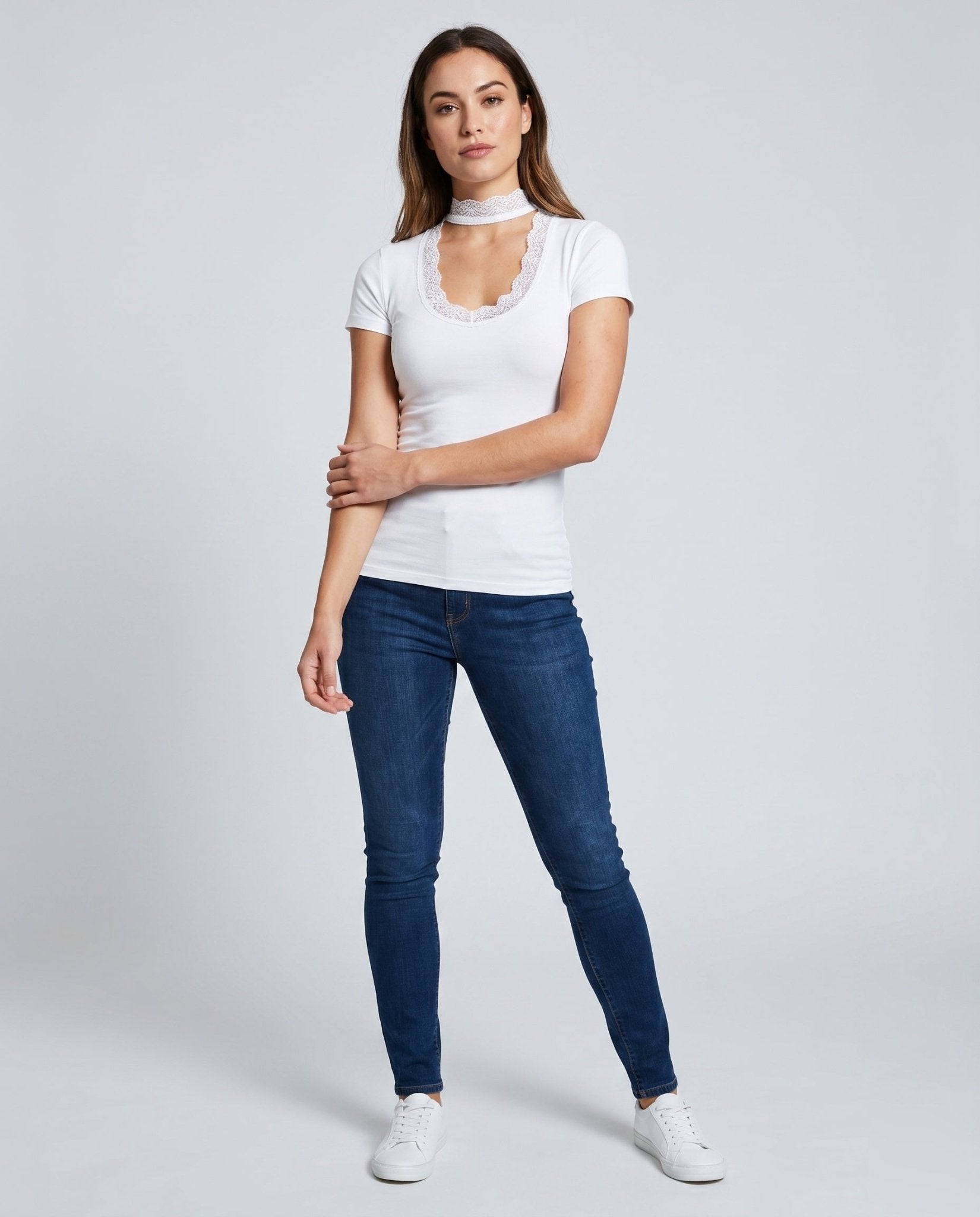 Women's Lace Neckline Short Sleeve Shirt with Choker - Chichicherry