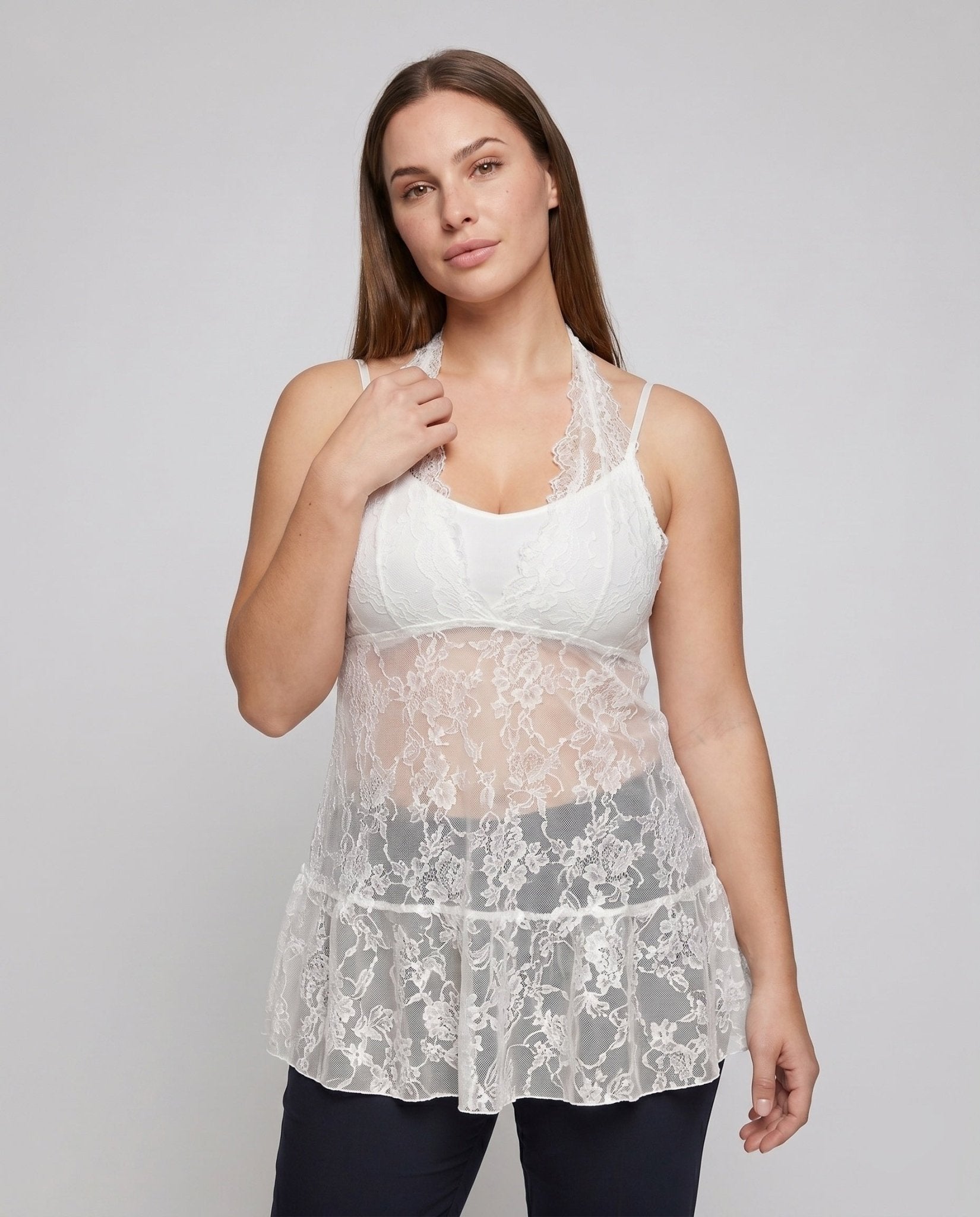 Women's lace nightdress with seductive V-neck and ruffle details - Chichicherry
