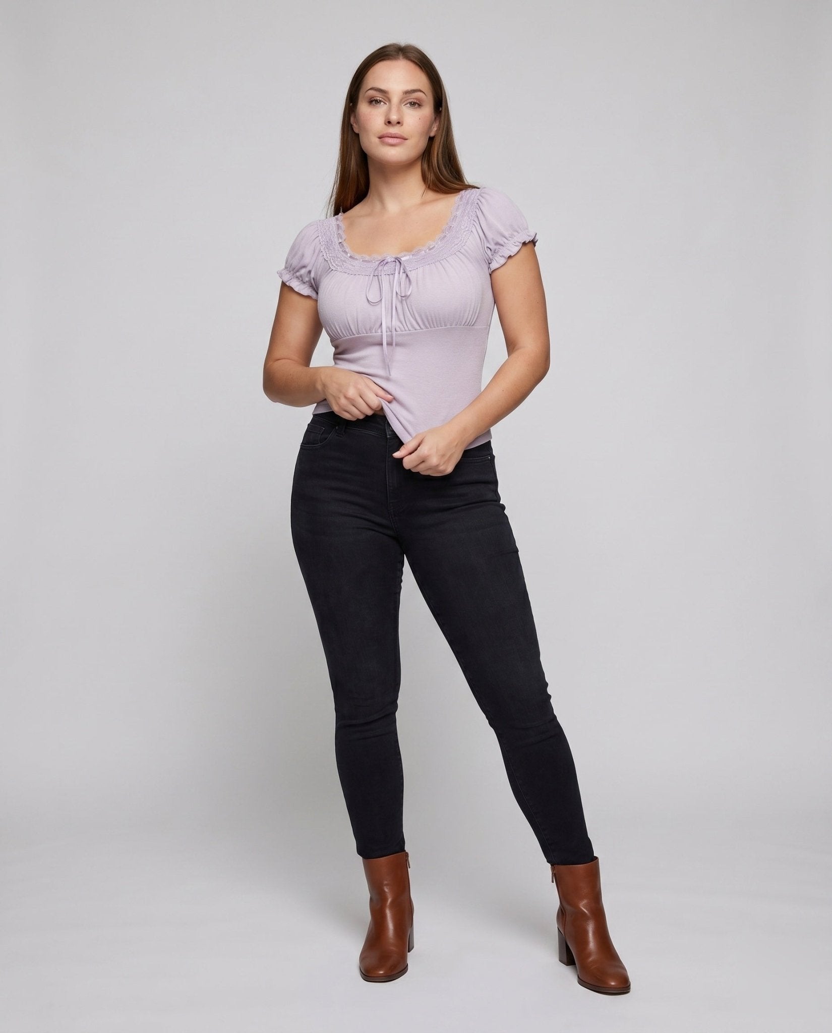 Women's Lace T-Shirt with Elegant Ruffle and Decorative Band - Chichicherry