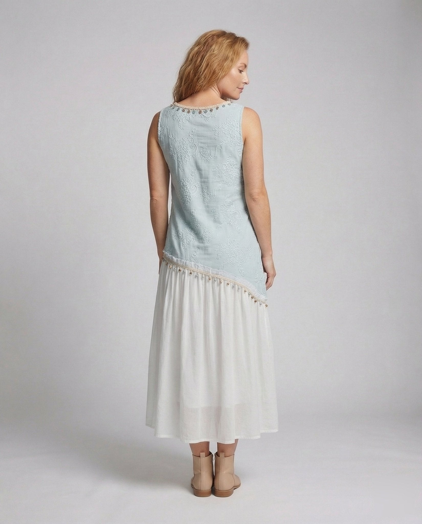 Women's Layered Midi Dress with Crochet Top - Chichicherry