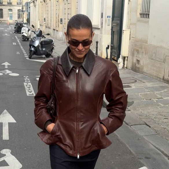 Women’s leather jacket with tailored peplum, zipper & large shirt collar Chichicherry - Chichicherry