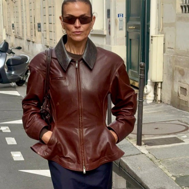 Women’s leather jacket with tailored peplum, zipper & large shirt collar Chichicherry - Chichicherry