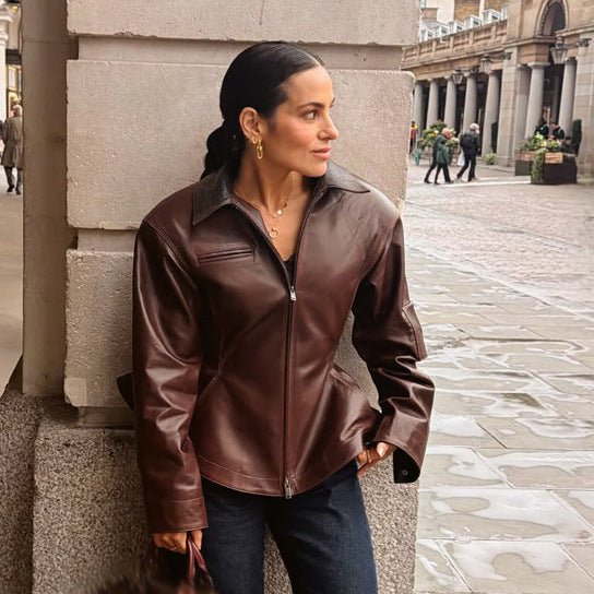 Women’s leather jacket with tailored peplum, zipper & large shirt collar Chichicherry - Chichicherry