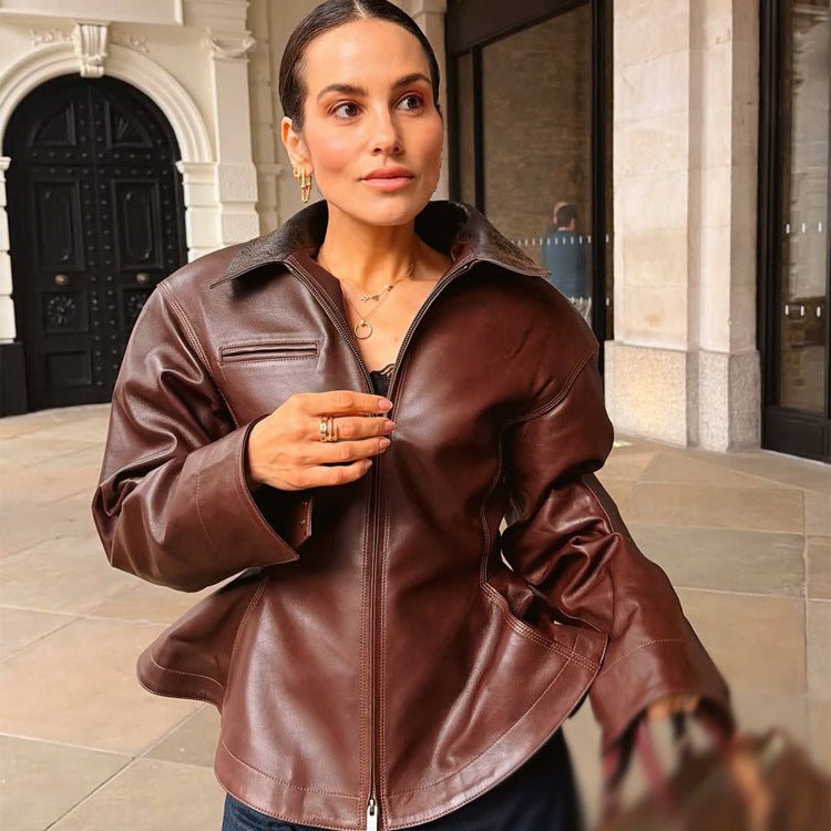 Women’s leather jacket with tailored peplum, zipper & large shirt collar Chichicherry - Chichicherry